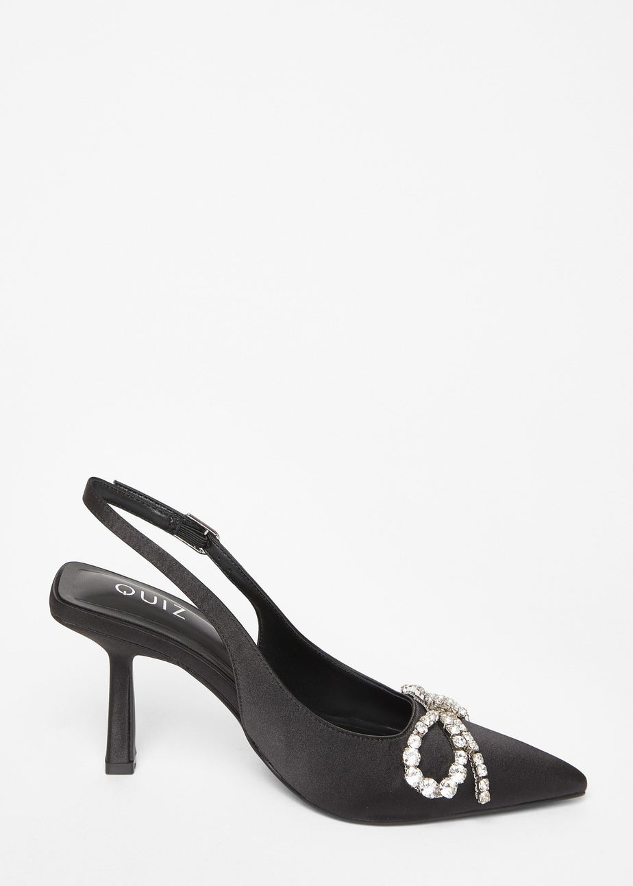 Quiz Black Satin Diamante Bow Court Heels