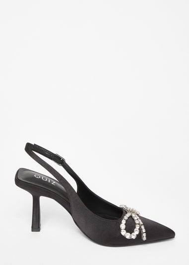 Quiz Black Satin Diamante Bow Court Heels