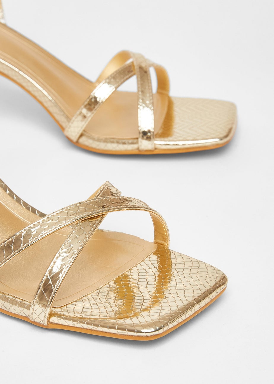 Quiz Gold Cross Strap Flared Heels