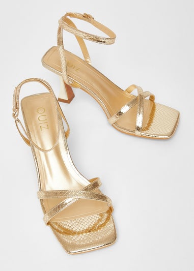 Quiz Gold Cross Strap Flared Heels