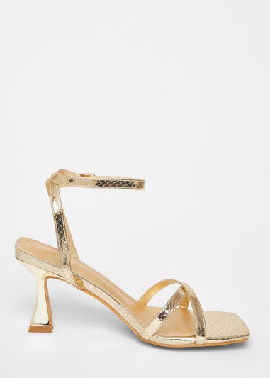 Quiz Gold Cross Strap Flared Heels