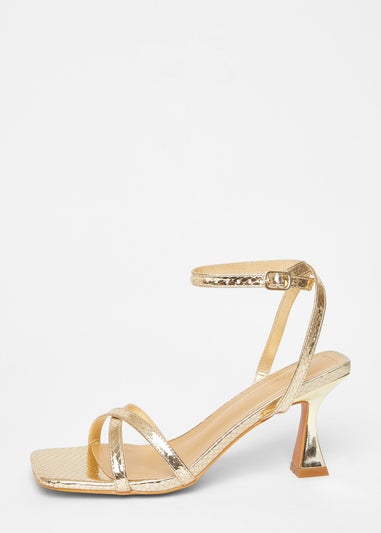 Quiz Gold Cross Strap Flared Heels