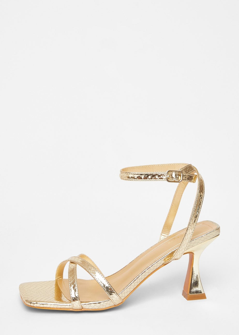 Quiz Gold Cross Strap Flared Heels