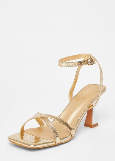 Quiz Gold Cross Strap Flared Heels