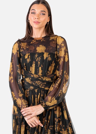 Anaya With Love Recycled Black Floral Long Sleeve & Gathered Waist Maxi Dress