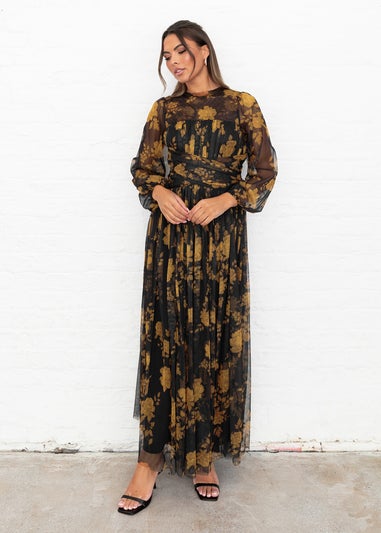 Anaya With Love Recycled Black Floral Long Sleeve & Gathered Waist Maxi Dress