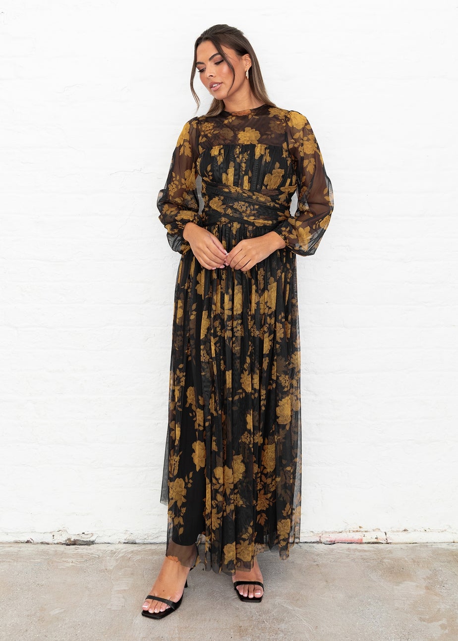 Anaya With Love Recycled Black Floral Long Sleeve & Gathered Waist Maxi Dress