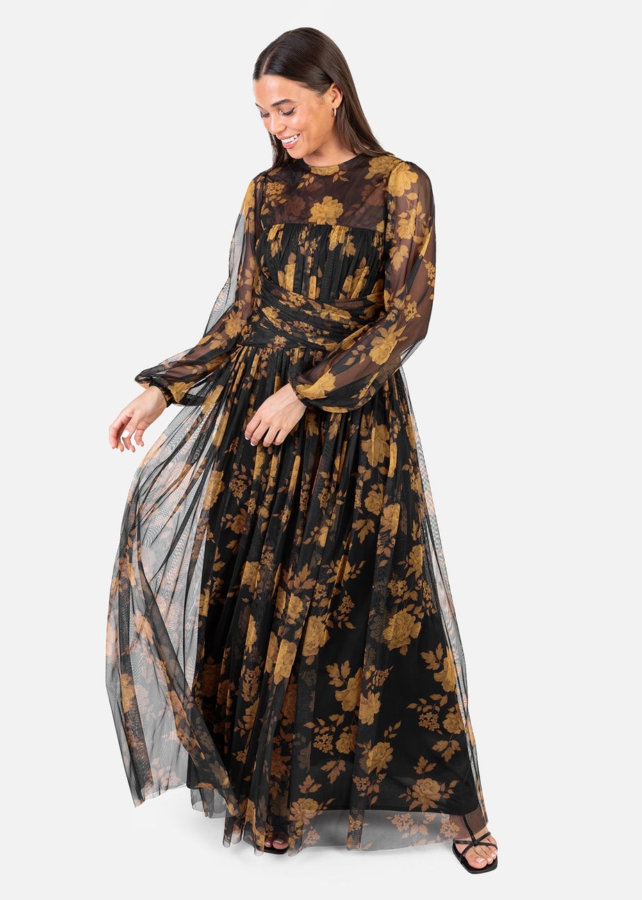 Anaya With Love Recycled Black Floral Long Sleeve & Gathered Waist Maxi Dress