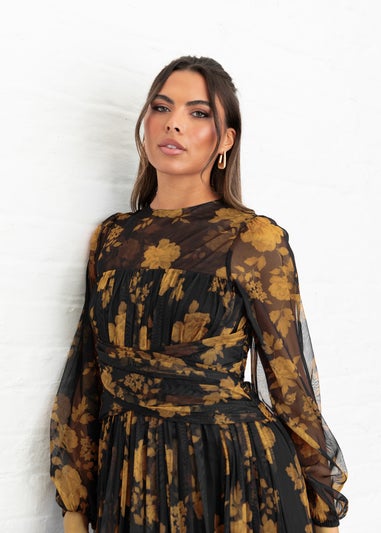 Anaya With Love Recycled Black Floral Long Sleeve & Gathered Waist Maxi Dress