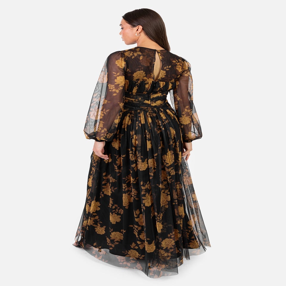 Anaya With Love Recycled Black Floral Long Sleeve & Gathered Waist Maxi Dress