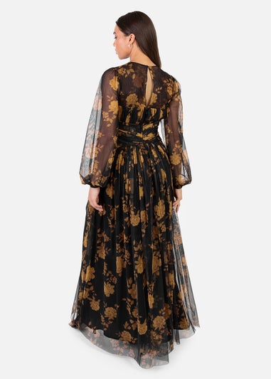 Anaya With Love Recycled Black Floral Long Sleeve & Gathered Waist Maxi Dress