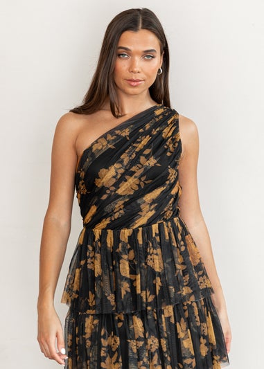 Anaya With Love Recycled Black Floral One Shoulder Tiered Midi Dress