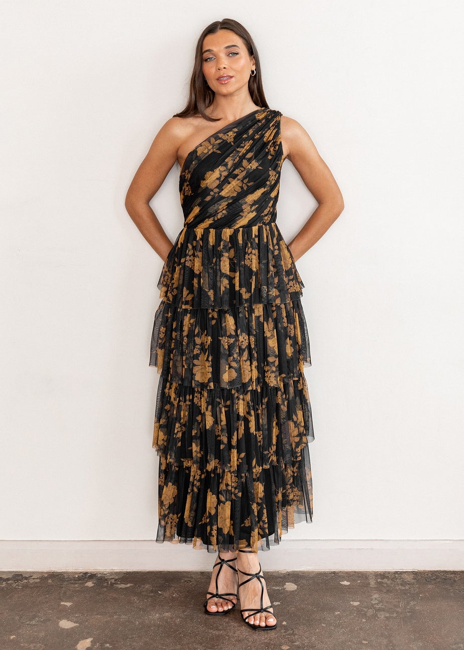 Anaya With Love Recycled Black Floral One Shoulder Tiered Midi Dress