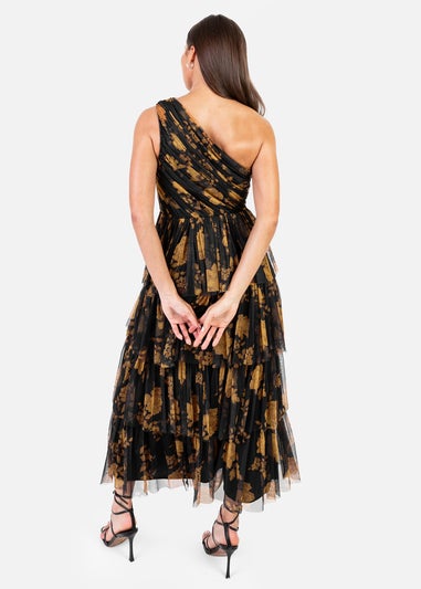 Anaya With Love Recycled Black Floral One Shoulder Tiered Midi Dress