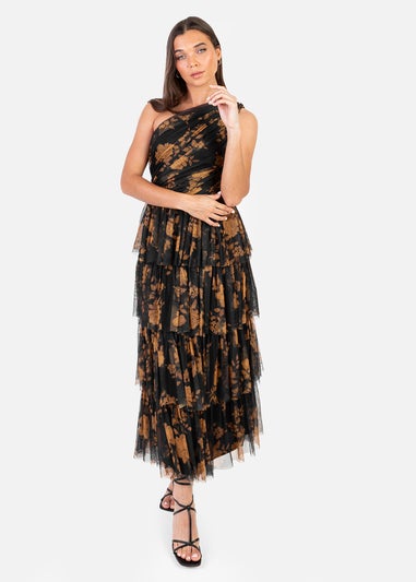 Anaya With Love Recycled Black Floral One Shoulder Tiered Midi Dress