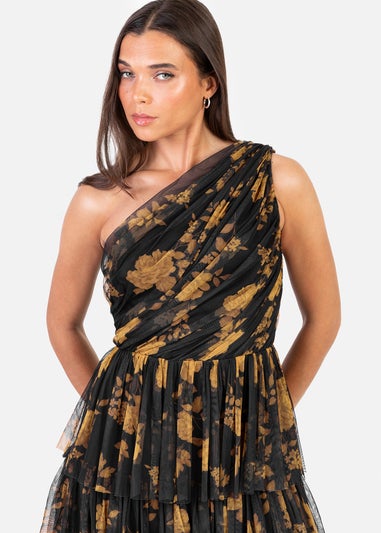 Anaya With Love Recycled Black Floral One Shoulder Tiered Midi Dress