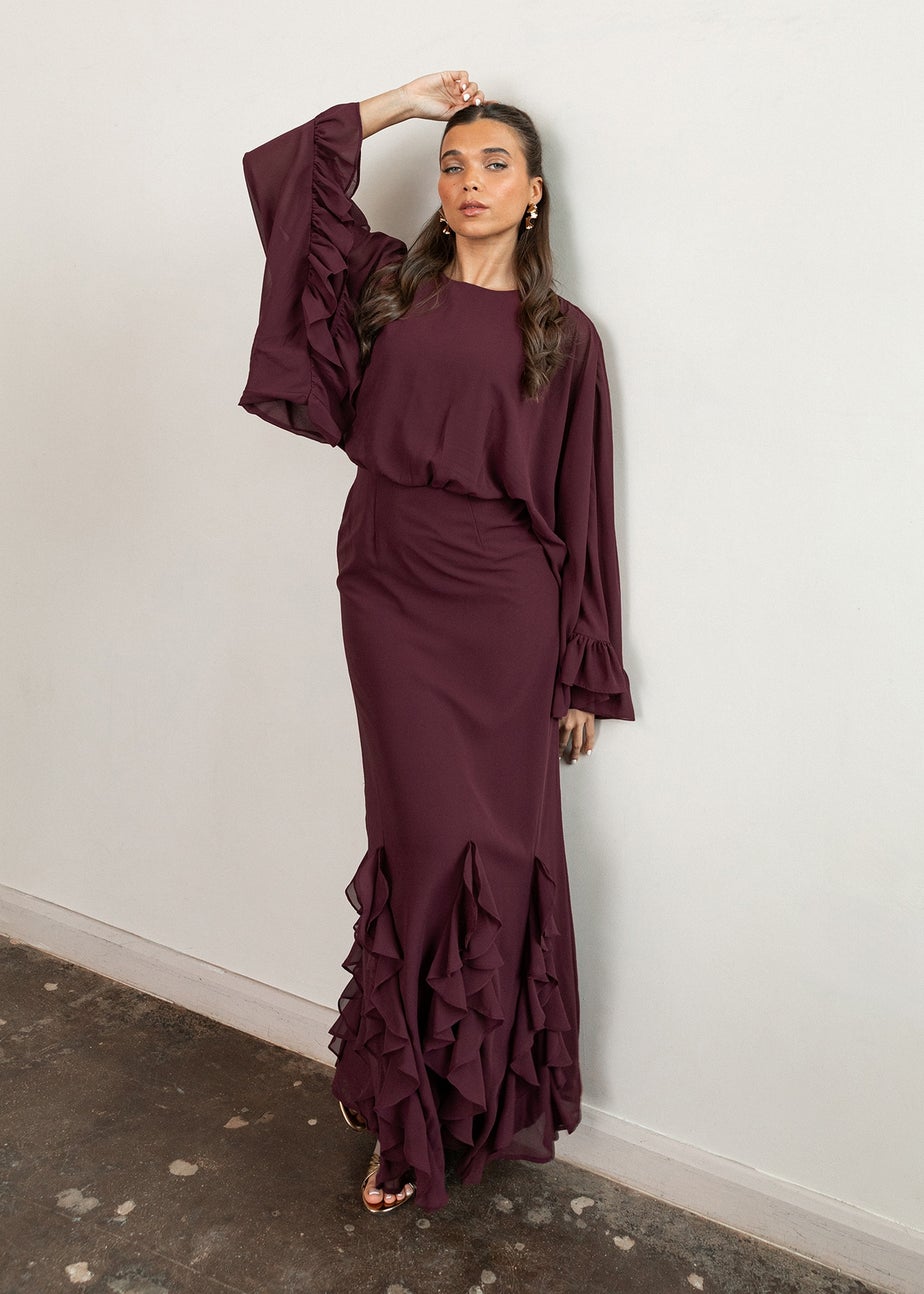 Anaya With Love Maroon Oversized Ruffle Sleeve Maxi Dress