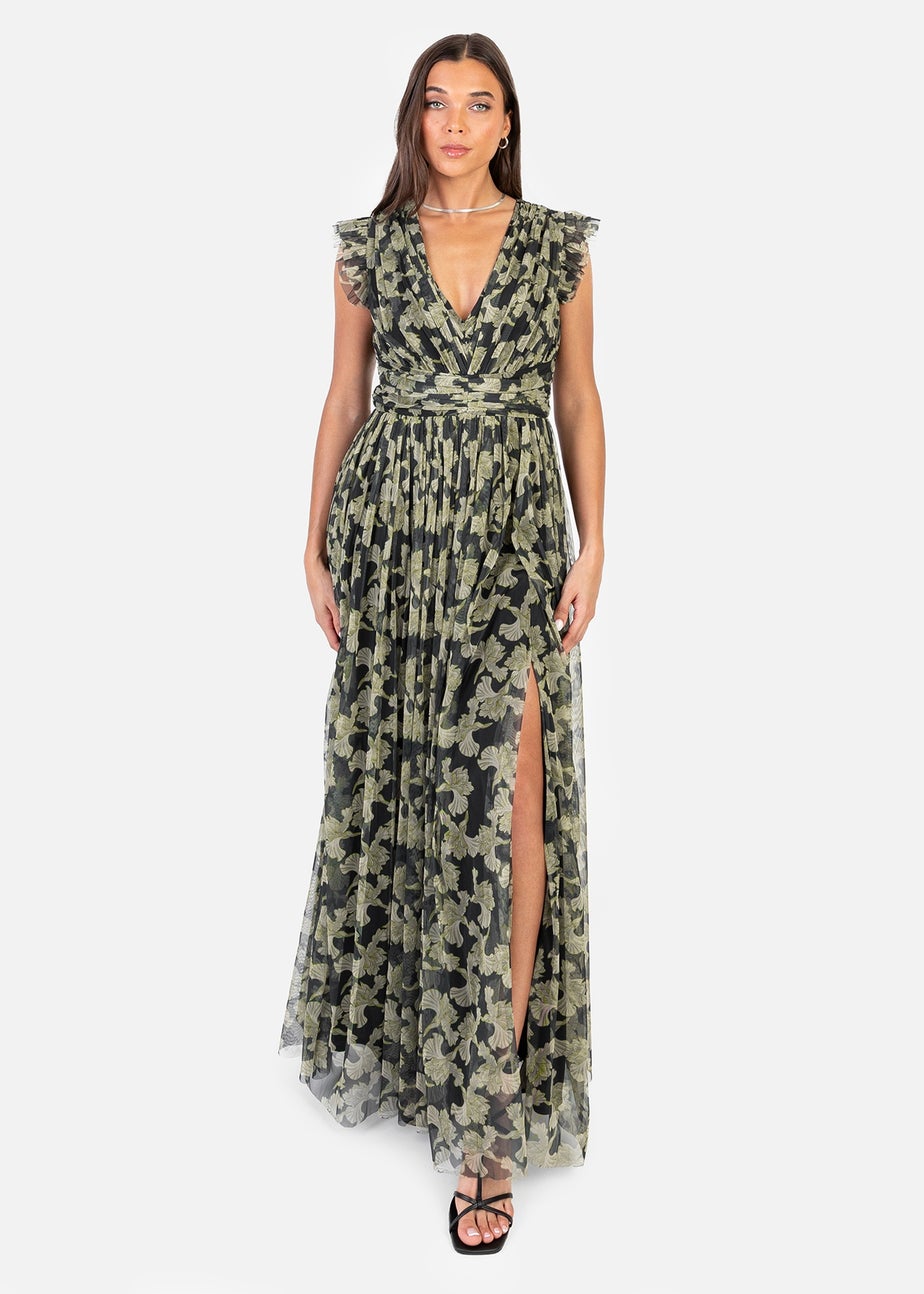 Anaya With Love Recycled Black Floral Flutter Sleeve V Neck Maxi Dress