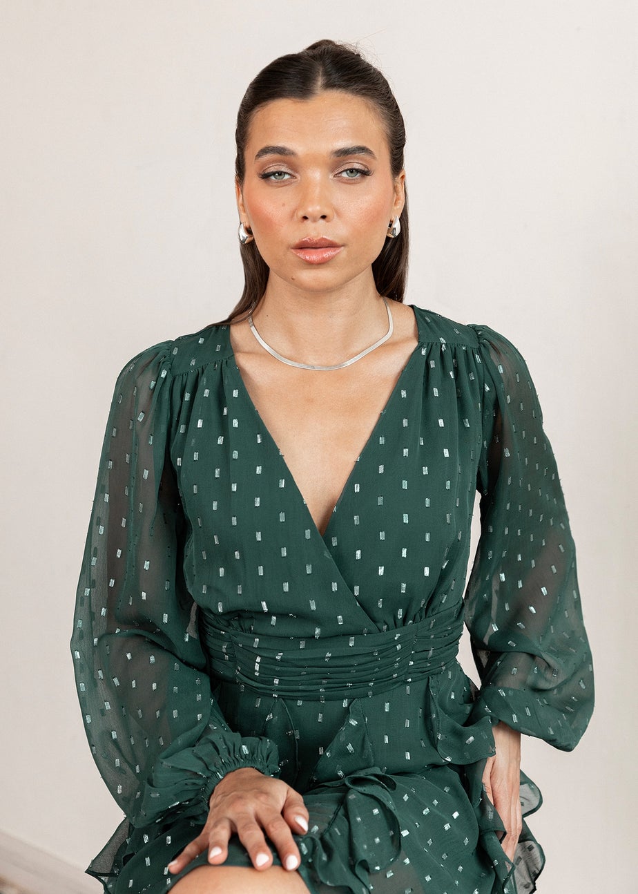 Anaya With Love Foil Chiffon Dark Green Long Sleeve Ruffle Mini Dress