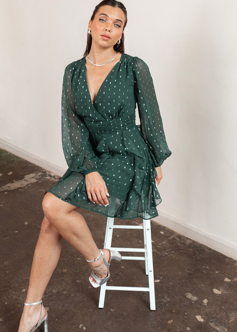 Anaya With Love Foil Chiffon Dark Green Long Sleeve Ruffle Mini Dress
