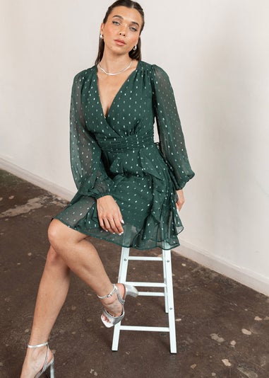 Anaya With Love Foil Chiffon Dark Green Long Sleeve Ruffle Mini Dress