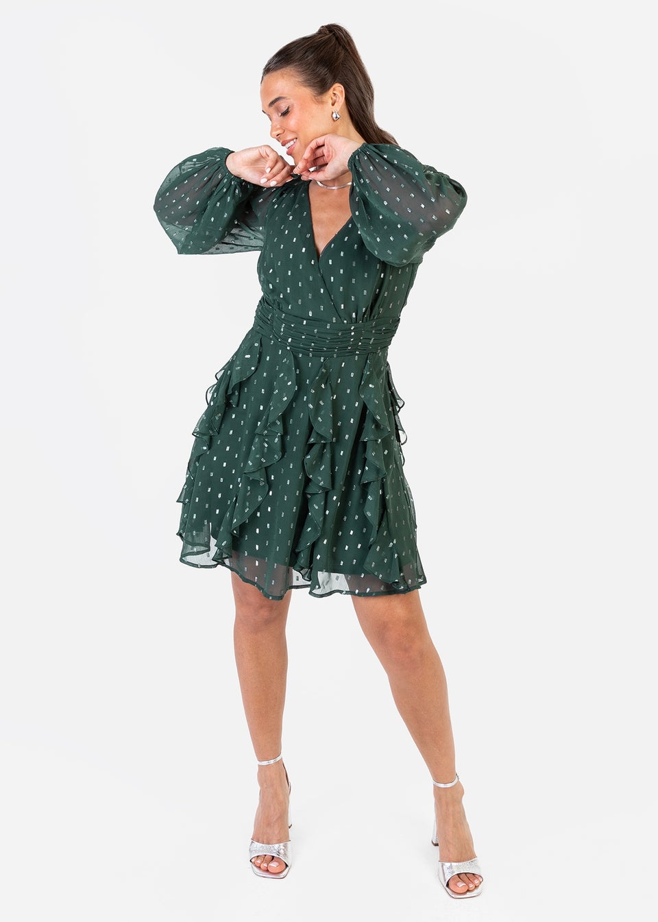 Anaya With Love Foil Chiffon Dark Green Long Sleeve Ruffle Mini Dress