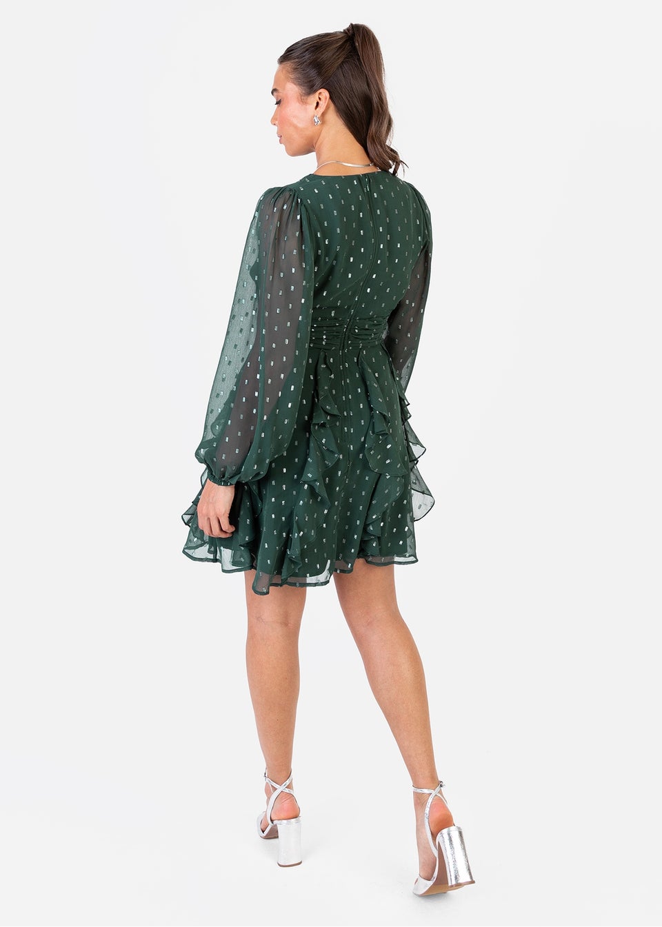 Anaya With Love Foil Chiffon Dark Green Long Sleeve Ruffle Mini Dress