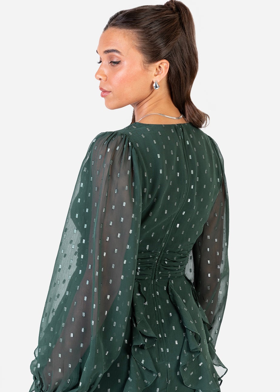 Anaya With Love Foil Chiffon Dark Green Long Sleeve Ruffle Mini Dress