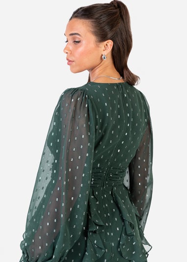 Anaya With Love Foil Chiffon Dark Green Long Sleeve Ruffle Mini Dress