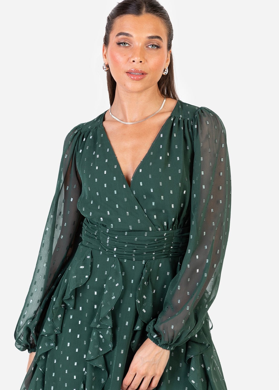 Anaya With Love Foil Chiffon Dark Green Long Sleeve Ruffle Mini Dress