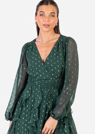 Anaya With Love Foil Chiffon Dark Green Long Sleeve Ruffle Mini Dress