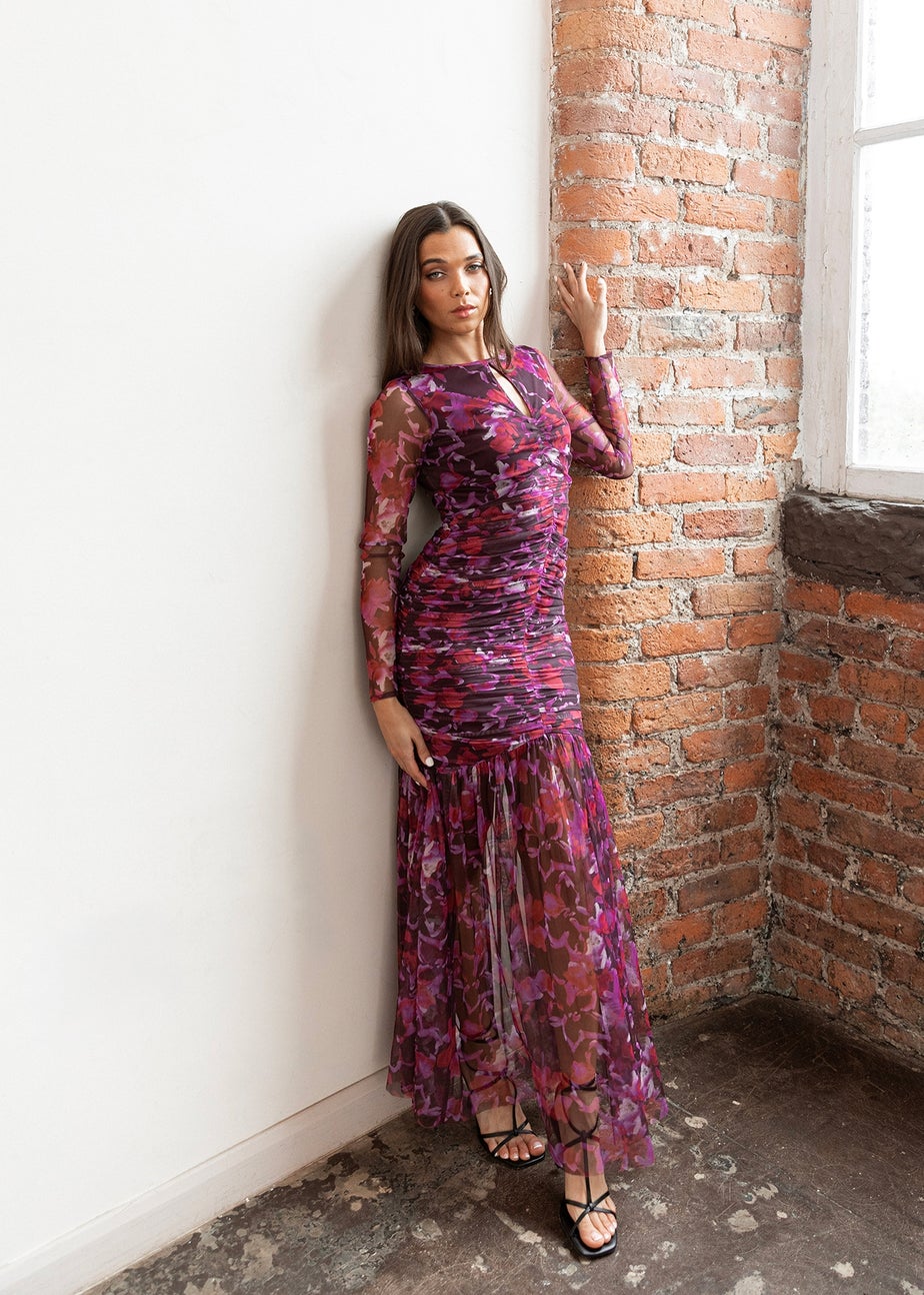 Anaya With Love Pink Floral Ruched Tulle Maxi Dress