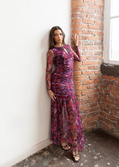 Anaya With Love Pink Floral Ruched Tulle Maxi Dress
