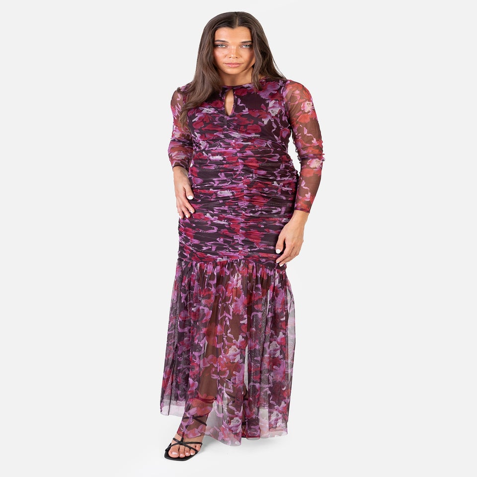 Anaya With Love Pink Floral Ruched Tulle Maxi Dress