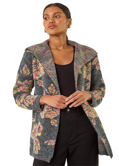 Roman Dark Grey Floral Jacquard Knit Cardigan