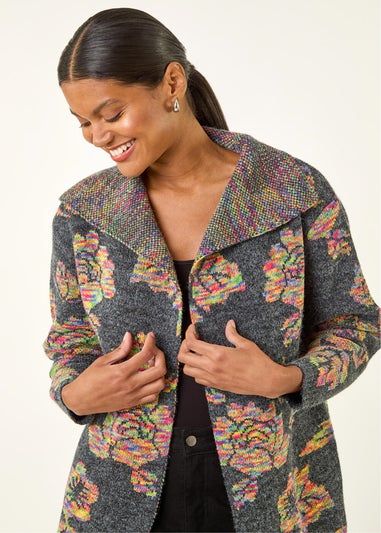 Roman Dark Grey Floral Jacquard Knit Cardigan