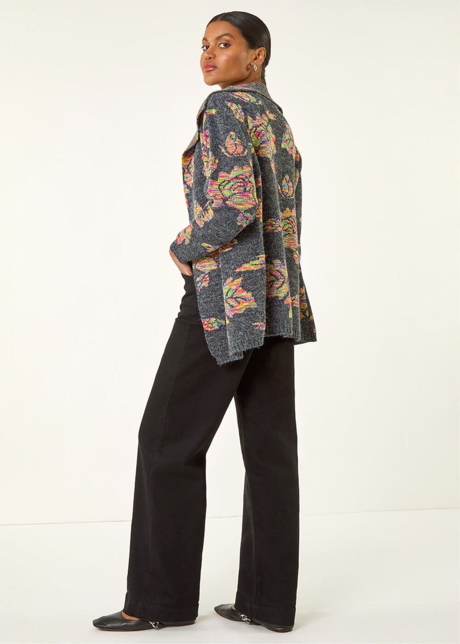 Roman Dark Grey Floral Jacquard Knit Cardigan
