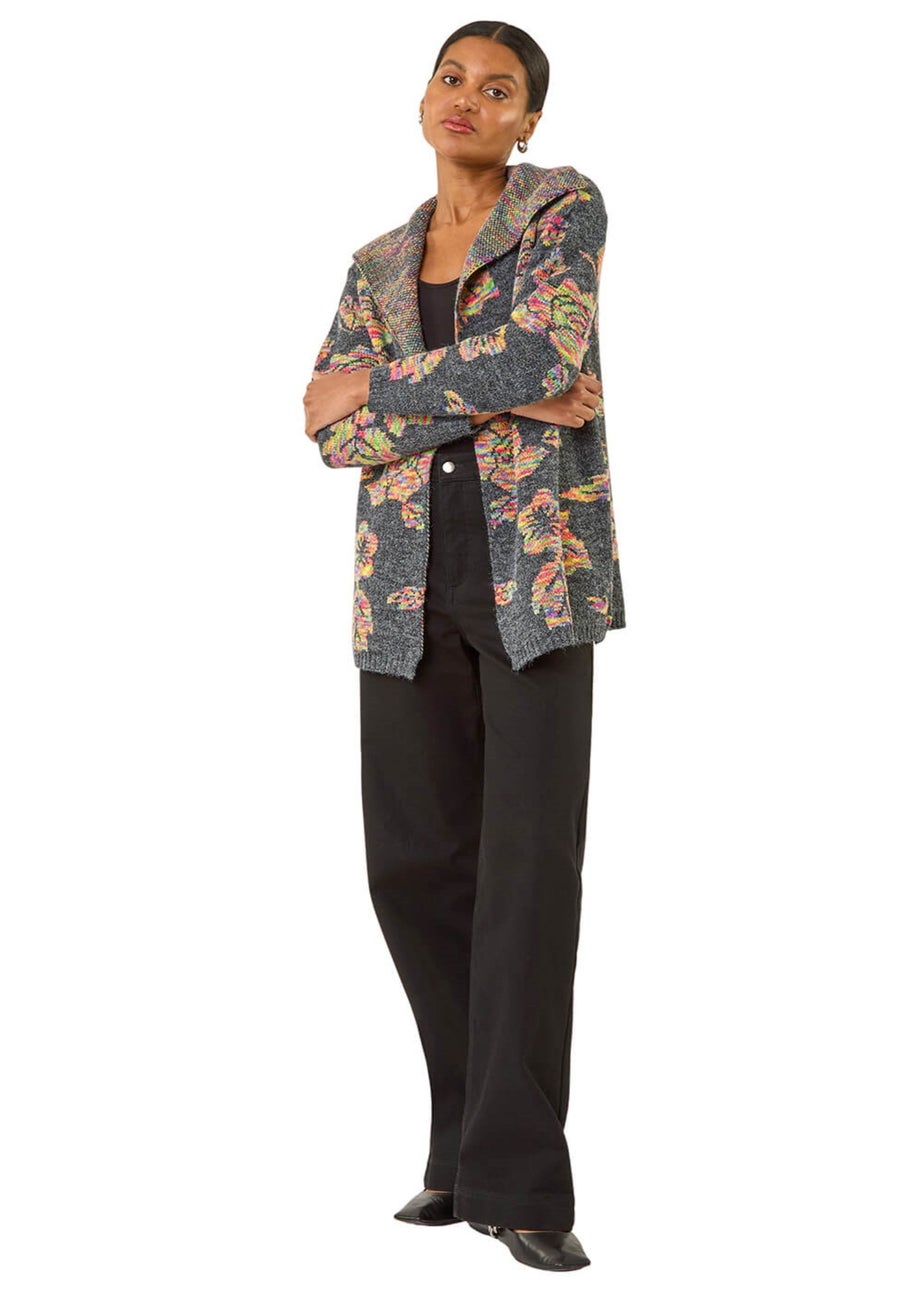 Roman Dark Grey Floral Jacquard Knit Cardigan