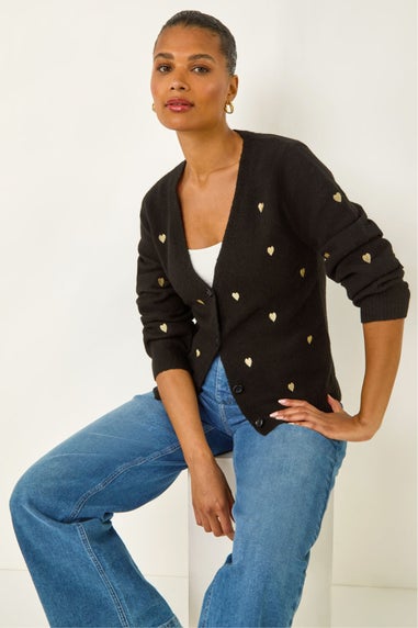 Roman Black Embroidered Heart Knit Cardigan