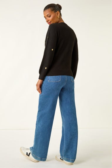 Roman Black Embroidered Heart Knit Cardigan