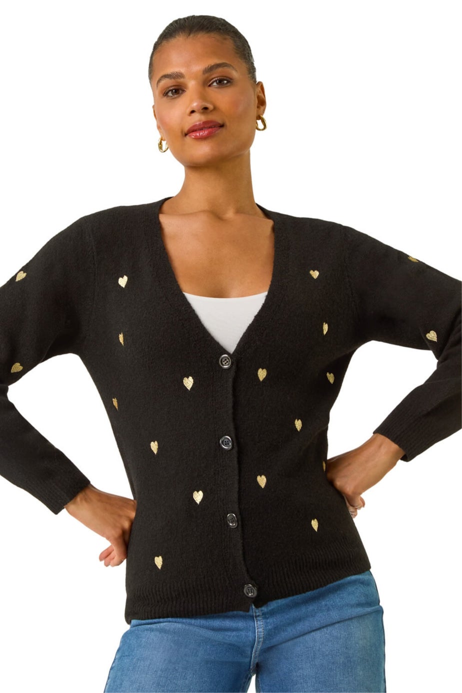 Roman Black Embroidered Heart Knit Cardigan