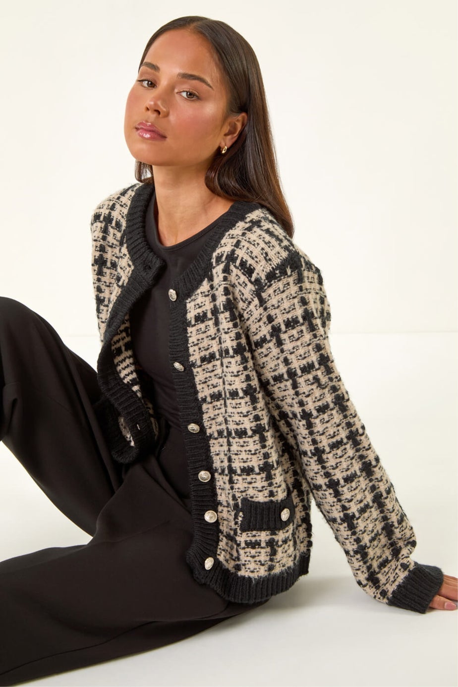 Roman Black Petite Buttoned Knit Cardigan