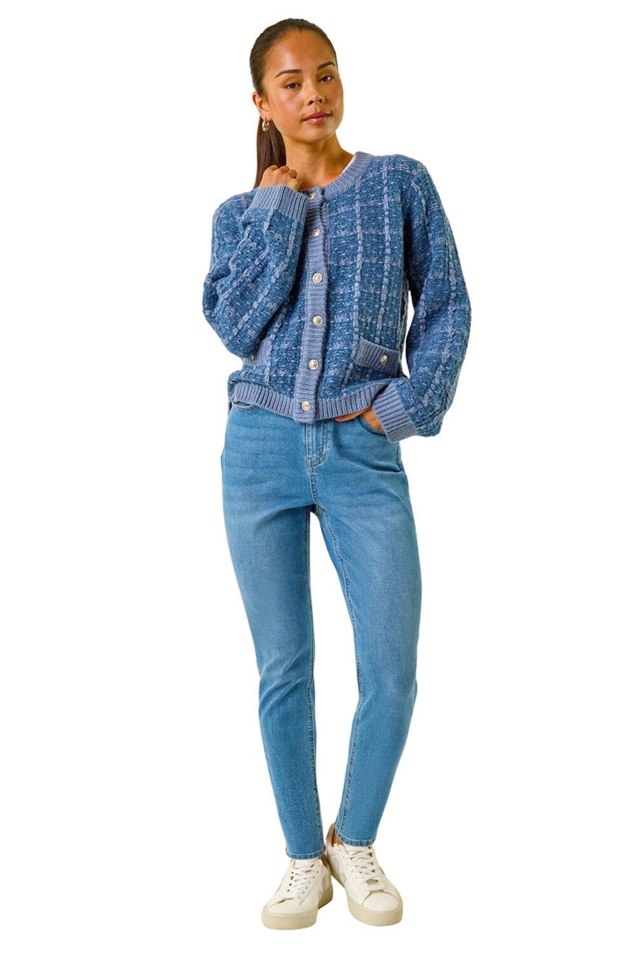 Roman Blue Petite Buttoned Knit Cardigan