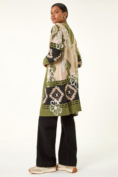 Roman Olive Abstract Jacquard Knit Cardigan