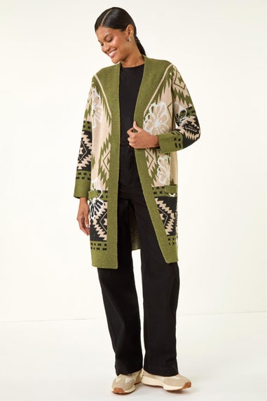 Roman Olive Abstract Jacquard Knit Cardigan