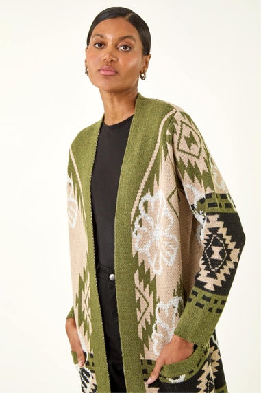 Roman Olive Abstract Jacquard Knit Cardigan
