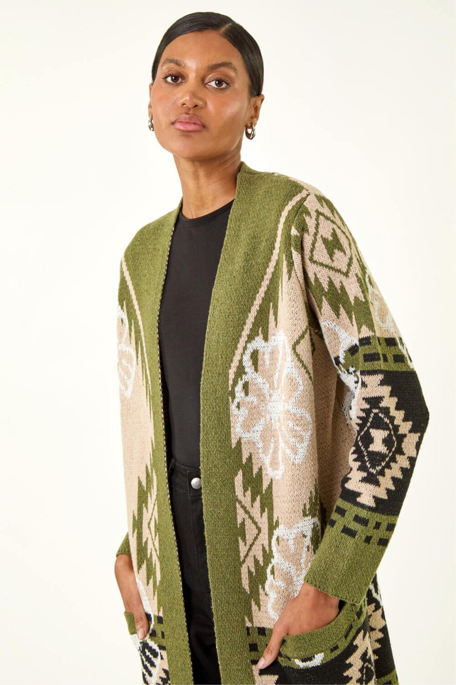 Roman Olive Abstract Jacquard Knit Cardigan