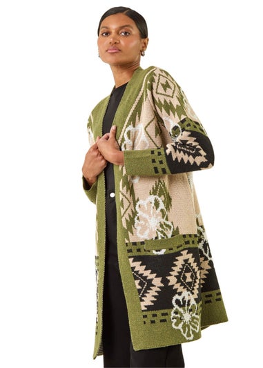 Roman Olive Abstract Jacquard Knit Cardigan
