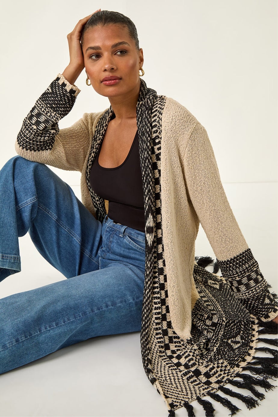 Roman Ivory Nordic Pattern Fringe Detail Cardigan