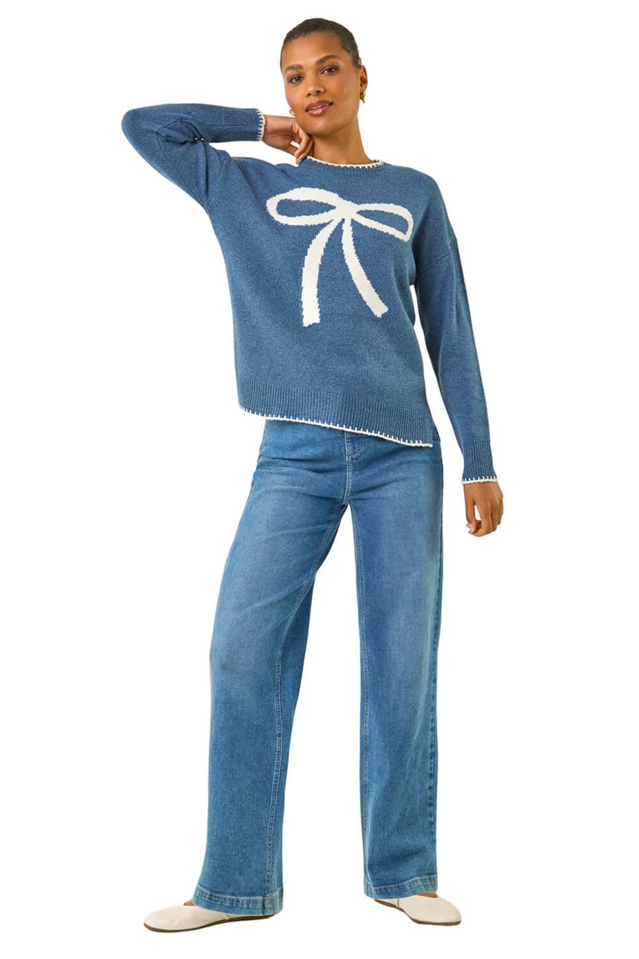 Roman Blue Contrast Stitch Bow Knit Jumper